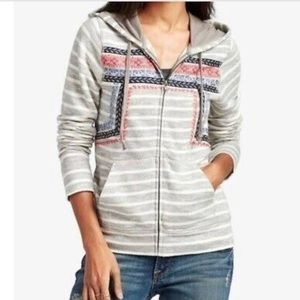 Luck Brand Gray Stripped Embroidered Zippered Hoodie Size M